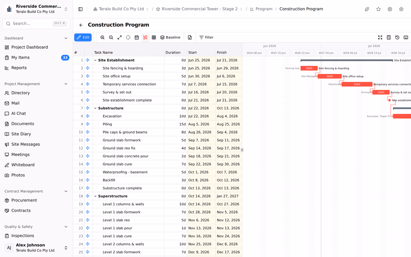 A construction programme in Gantt view, with the work breakdown structure and dates on the left and linked task bars against a weekly calendar on the right.