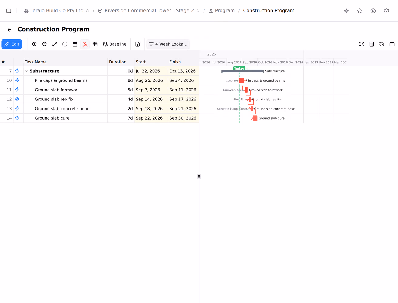 The programme filter menu open, with the 4 Week Lookahead filter applied and the task list narrowed to it.