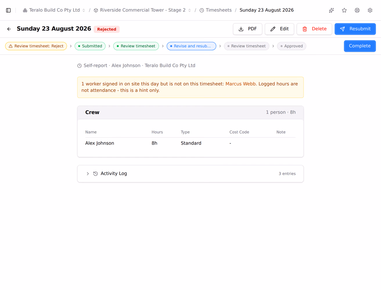 A timesheet’s soft attendance-variance hint, naming workers who signed in on site that day but are not on the sheet.