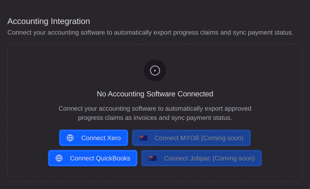 The Accounting Integration panel of the Contracts settings, with Connect Xero and Connect QuickBooks beside MYOB and Jobpac marked Coming soon.
