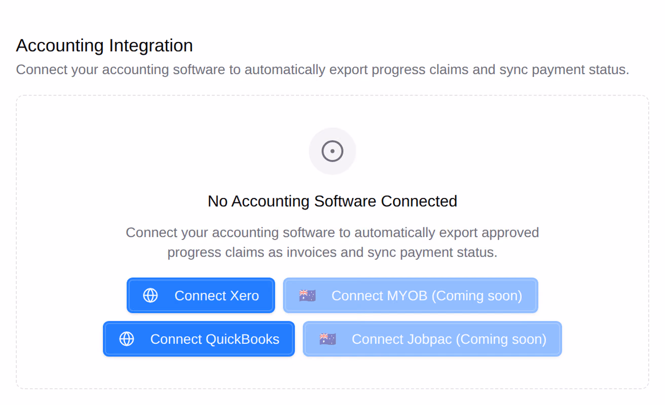 The Accounting Integration panel of the Contracts settings, with Connect Xero and Connect QuickBooks beside MYOB and Jobpac marked Coming soon.
