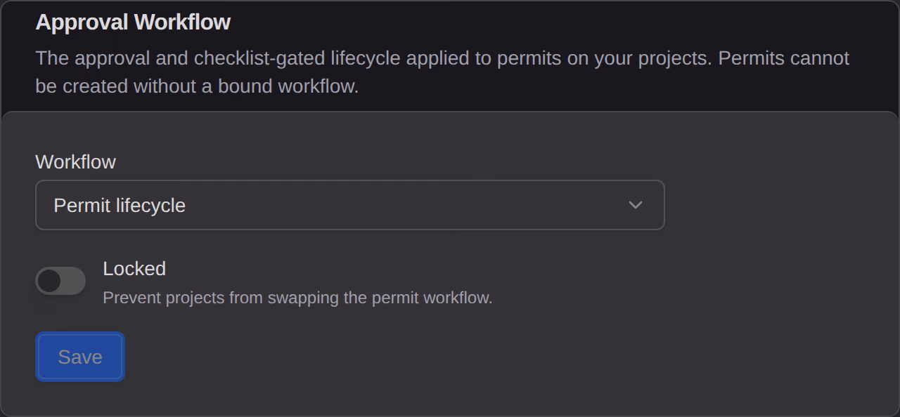 The Approval Workflow card on the Workflows tab of the Permits settings, with the workflow the tool runs and the Locked switch.