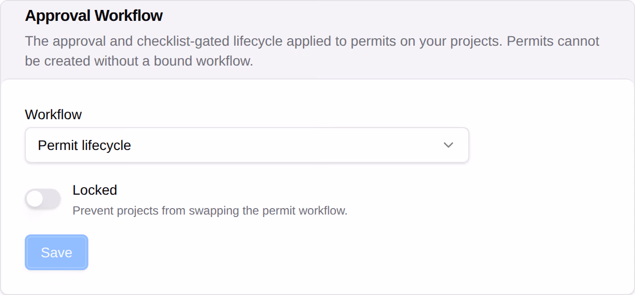 The Approval Workflow card on the Workflows tab of the Permits settings, with the workflow the tool runs and the Locked switch.