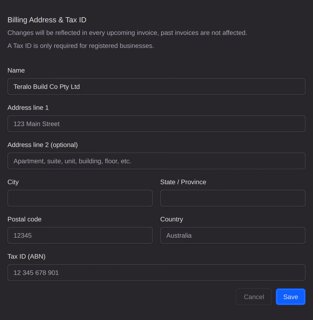 The Billing Address & Tax ID section of Billing: the name, address lines, city, state, postcode, country and the tax ID.