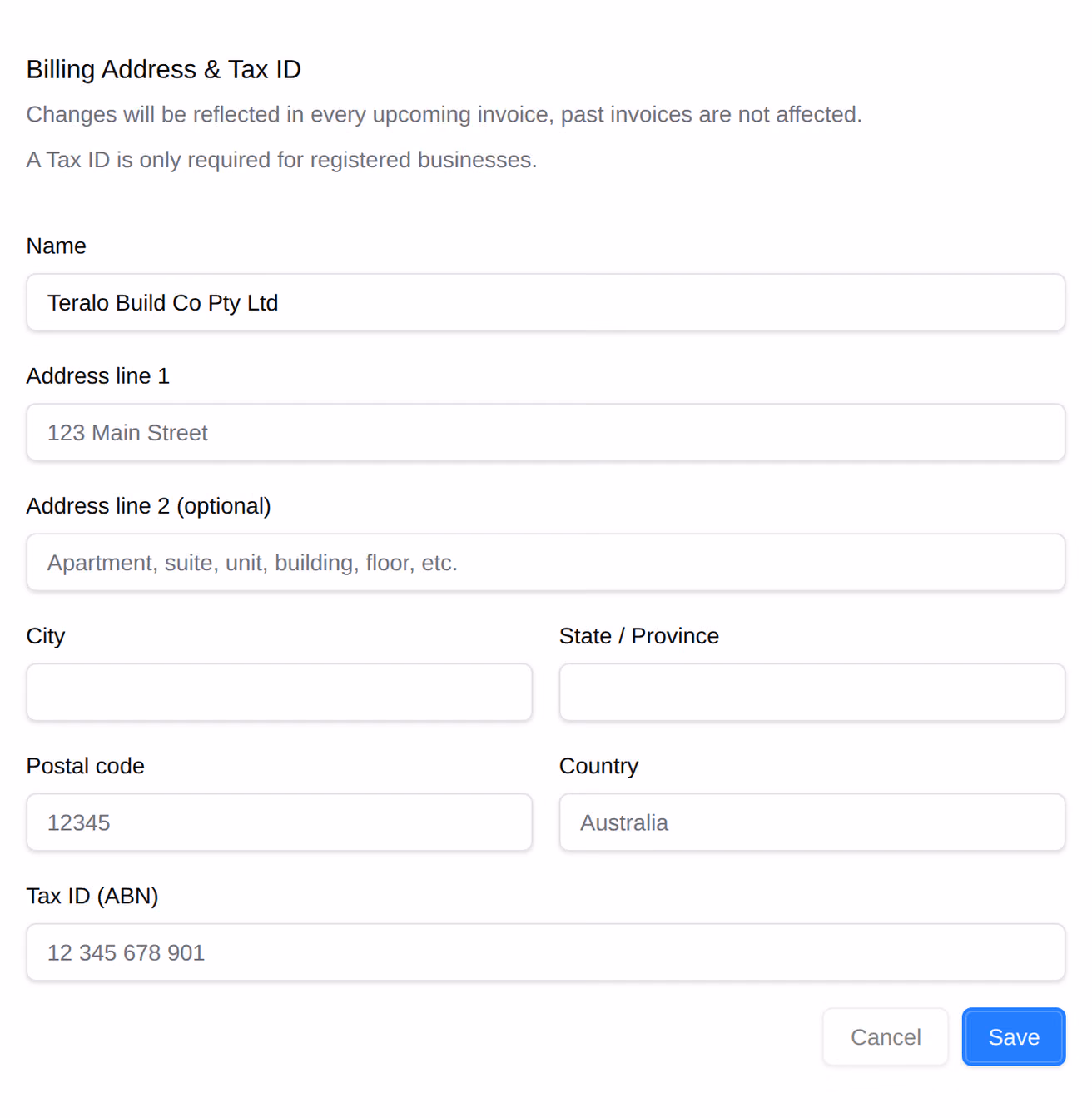 The Billing Address & Tax ID section of Billing: the name, address lines, city, state, postcode, country and the tax ID.