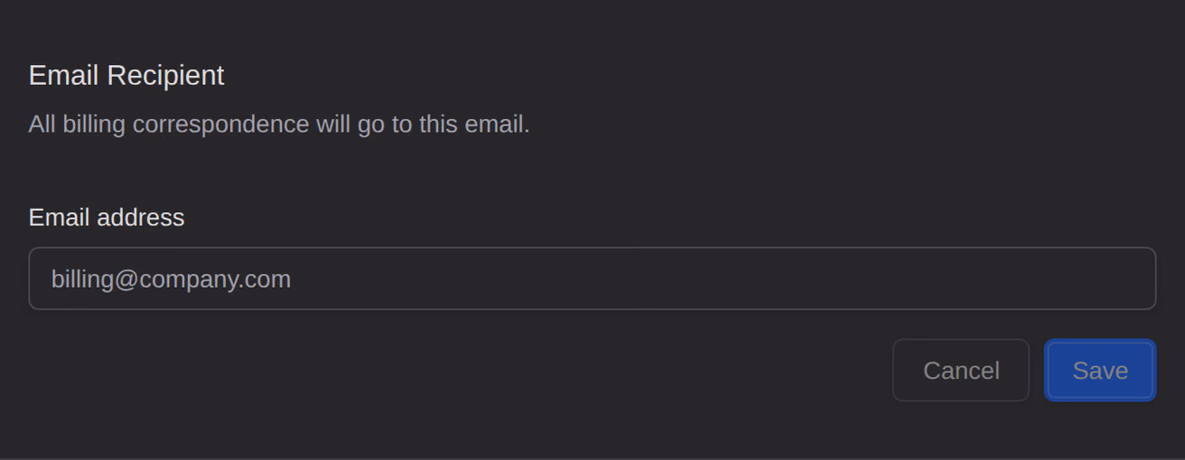 The Email Recipient section of Billing, with the email address field all billing correspondence goes to.