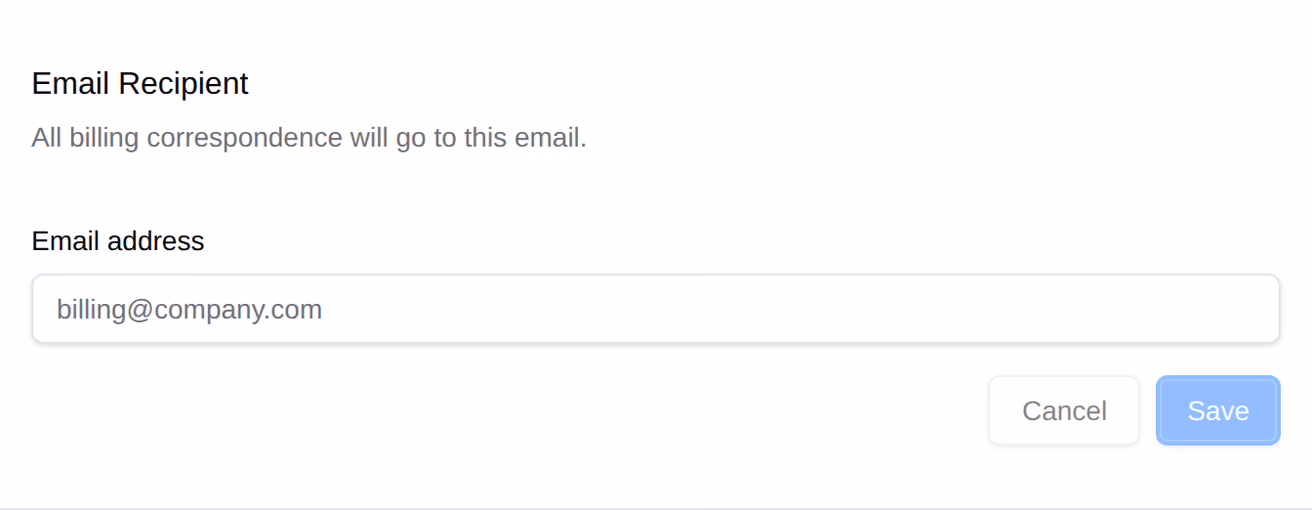 The Email Recipient section of Billing, with the email address field all billing correspondence goes to.