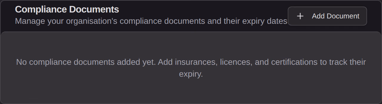 The Compliance Documents card, with no documents added yet and an Add Document button.