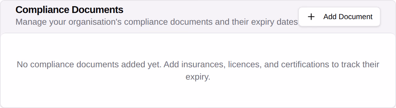 The Compliance Documents card, with no documents added yet and an Add Document button.