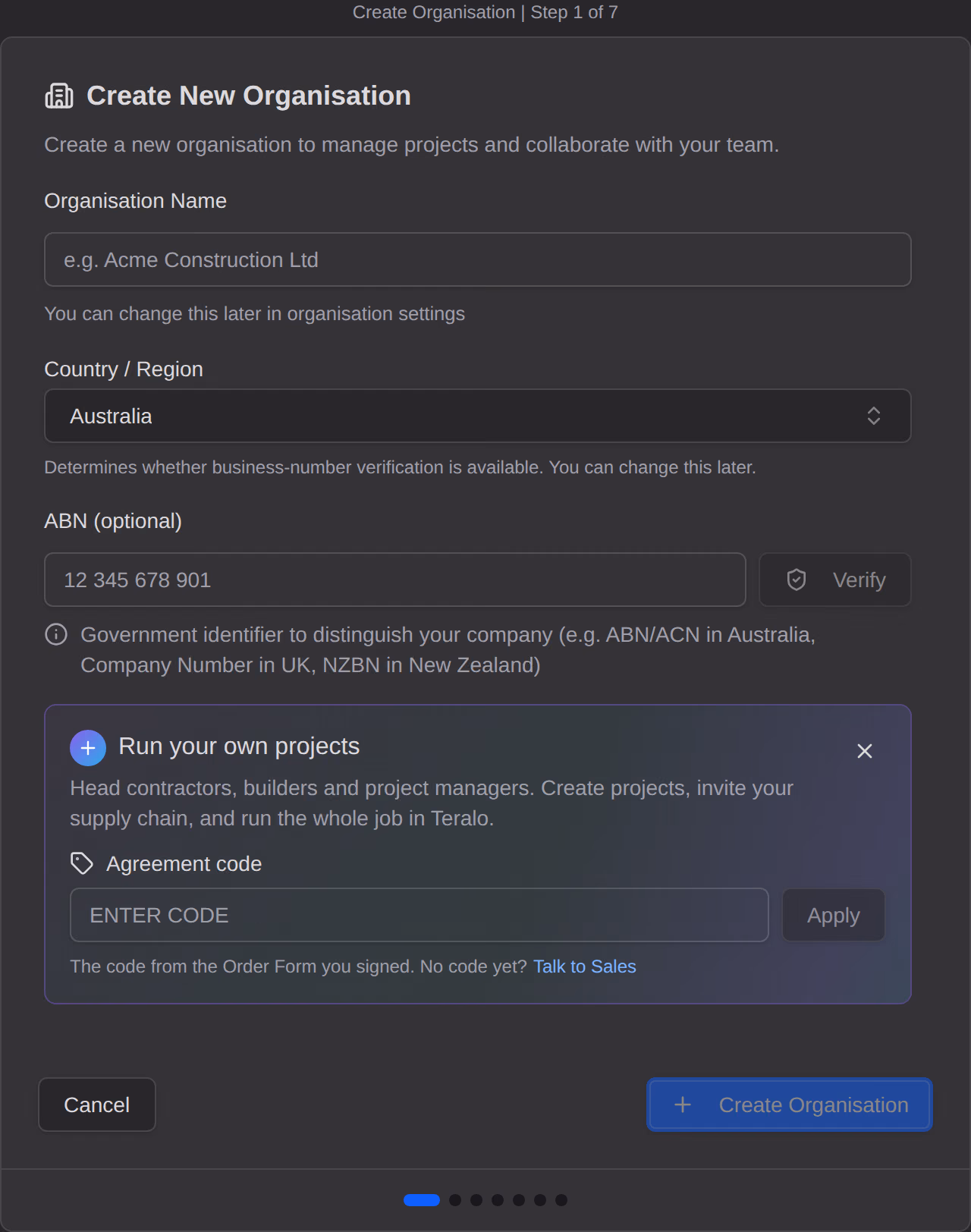 The first step of Create New Organisation: organisation name, country, business number, and the Agreement code field opened from Have a code.