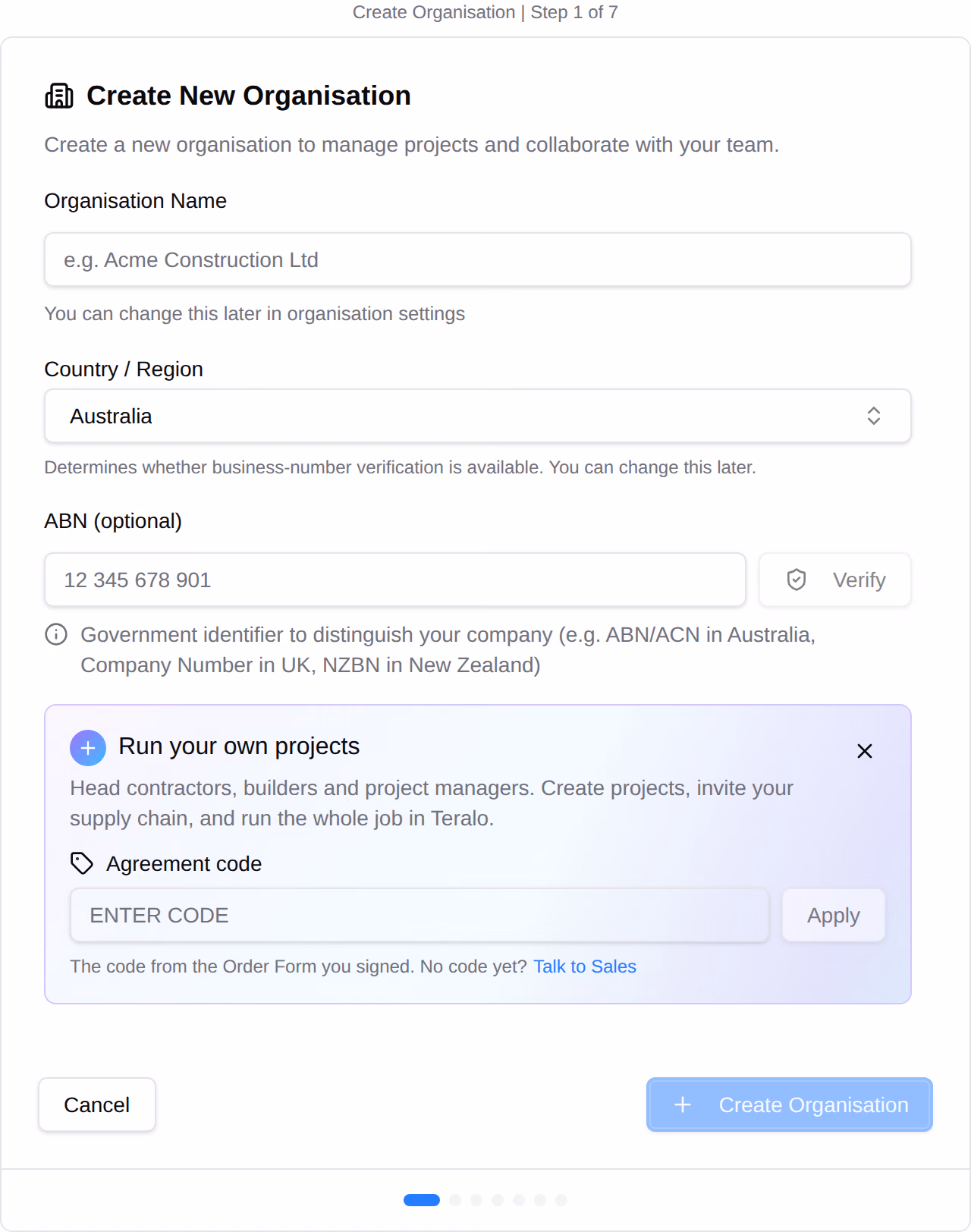 The first step of Create New Organisation: organisation name, country, business number, and the Agreement code field opened from Have a code.