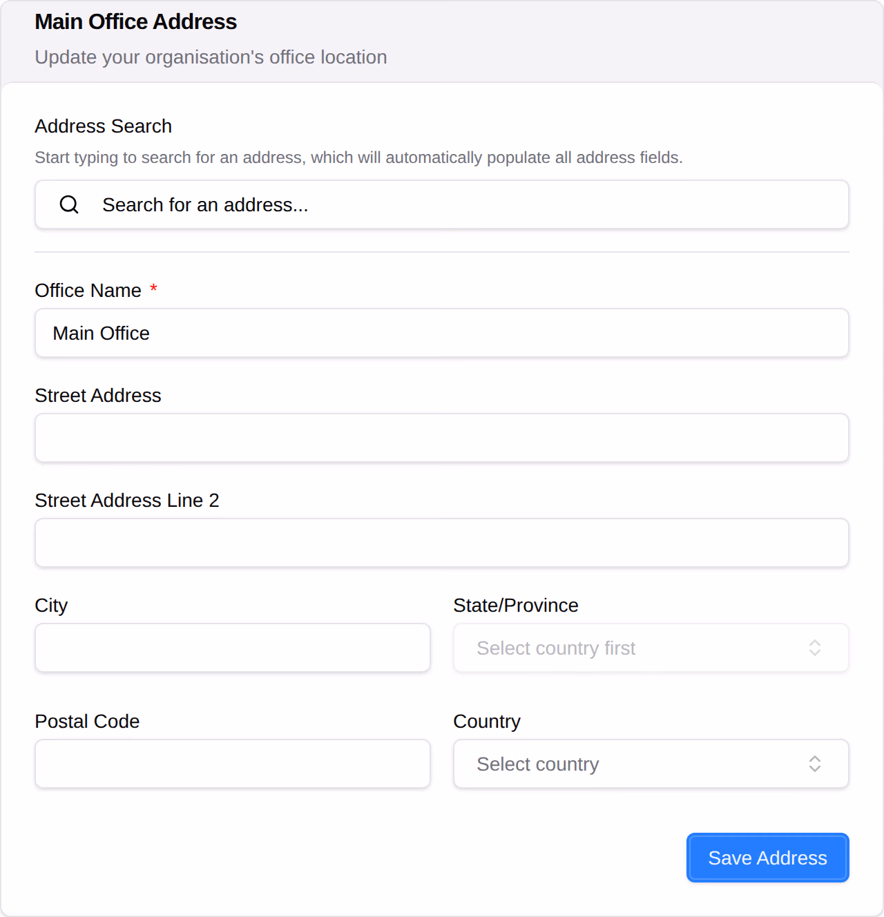 The Main Office Address card: an address search above the office name, street, city, state, postcode and country fields.