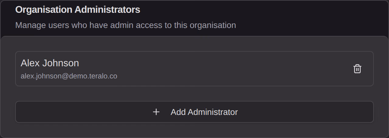 The Organisation Administrators card, listing the administrators with an Add Administrator button.