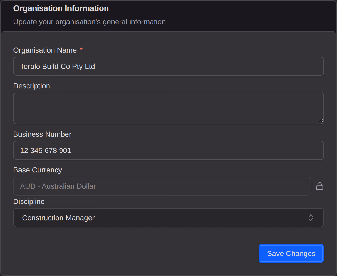 The Organisation Information card: name, description, business number, the base currency with a lock beside it, and discipline.