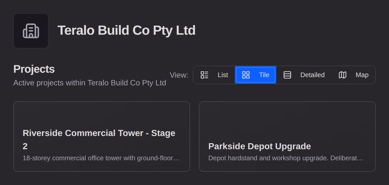 The organisation's public portal, with its name above a tile for each active project.
