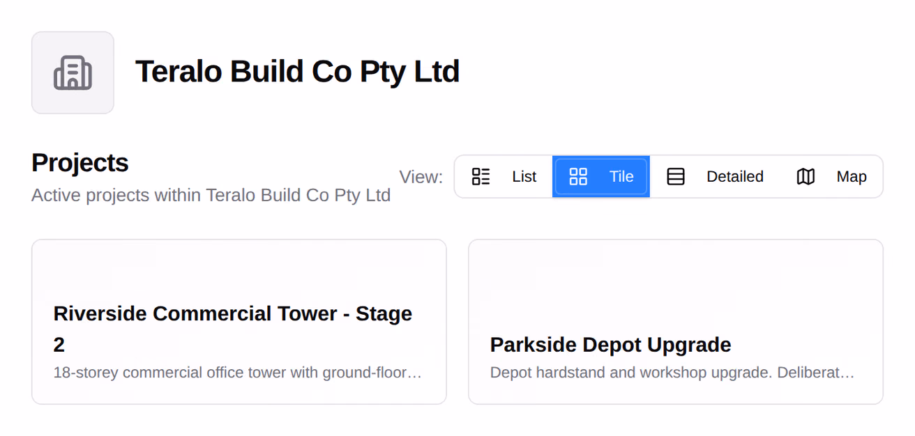 The organisation's public portal, with its name above a tile for each active project.