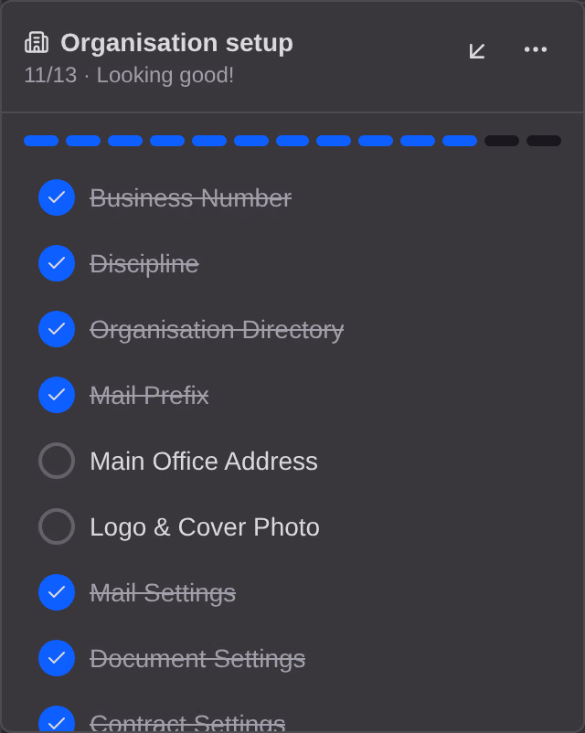 The Organisation setup checklist open beside the sidebar, with a segmented progress bar above its items and the finished ones ticked and struck through.