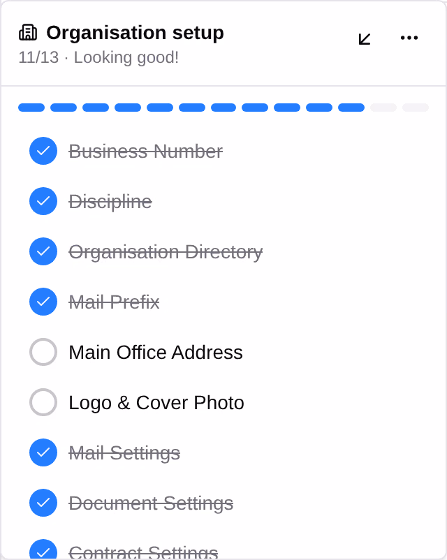 The Organisation setup checklist open beside the sidebar, with a segmented progress bar above its items and the finished ones ticked and struck through.