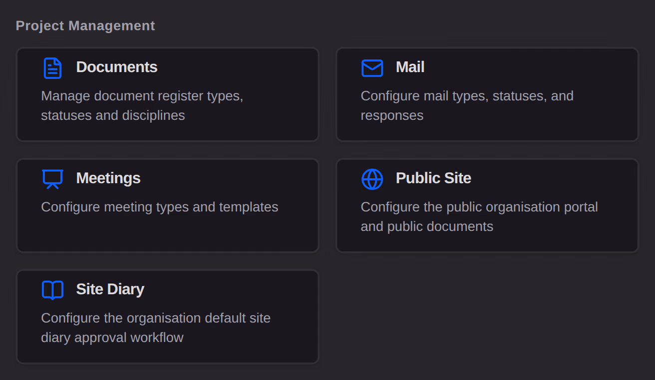 The Project Management group of the organisation Tool Settings, a card per tool naming what its settings cover.