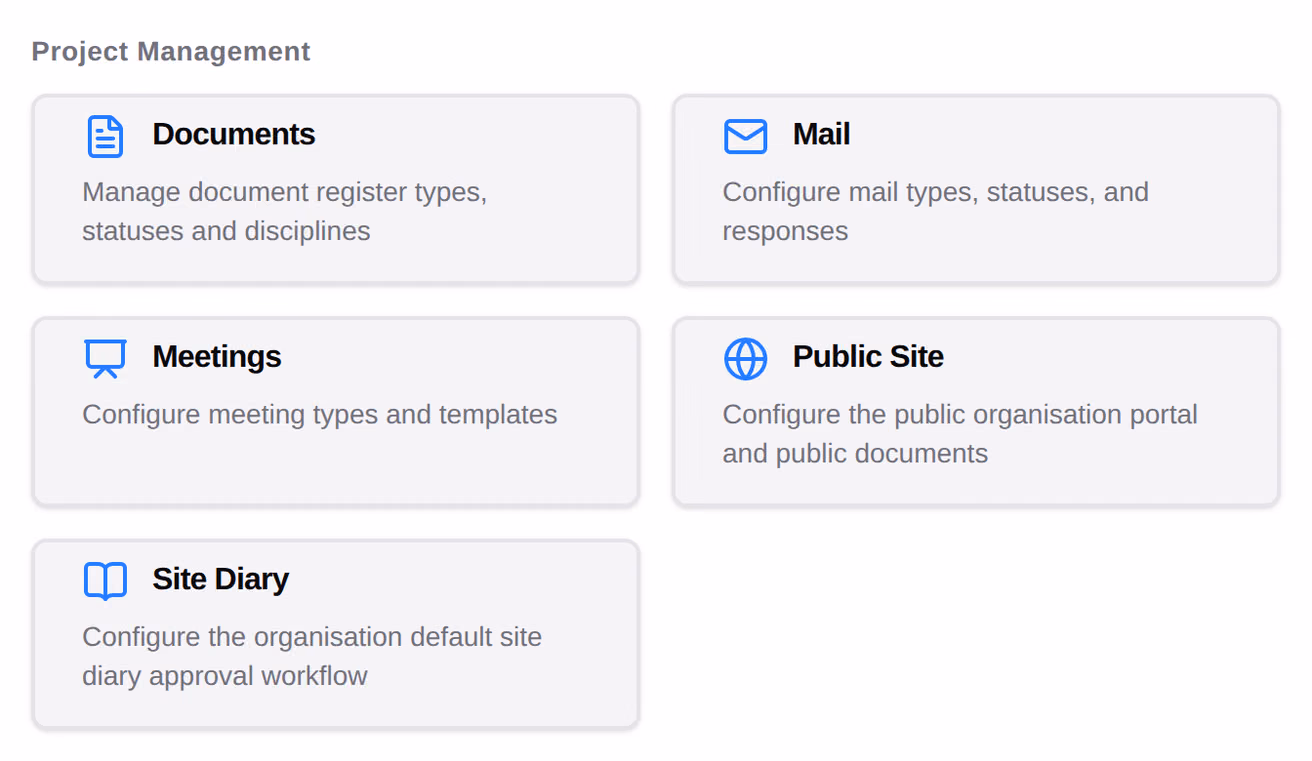 The Project Management group of the organisation Tool Settings, a card per tool naming what its settings cover.