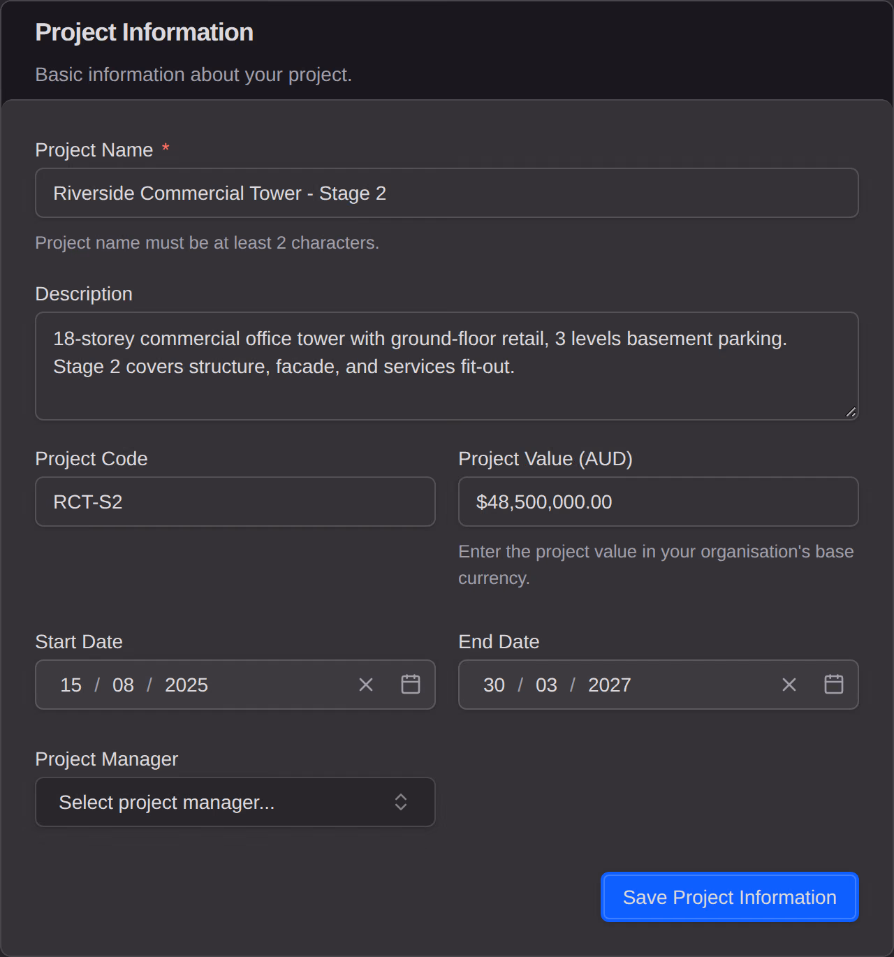 The Project Information card: project name, description, project code, project value in Australian dollars, start and end dates, and the project manager.