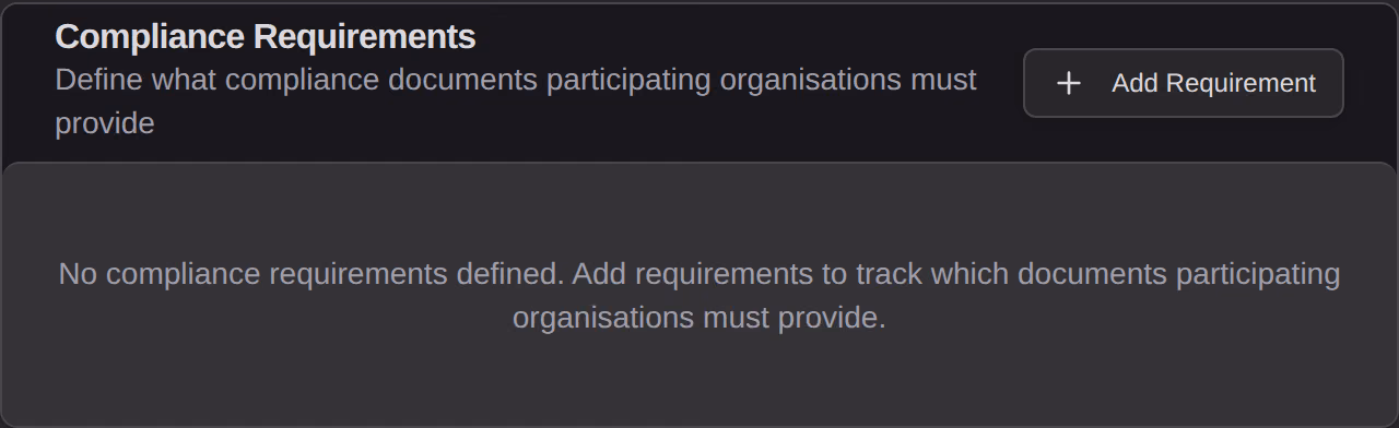 The Compliance Requirements card, with no requirements defined yet and an Add Requirement button.