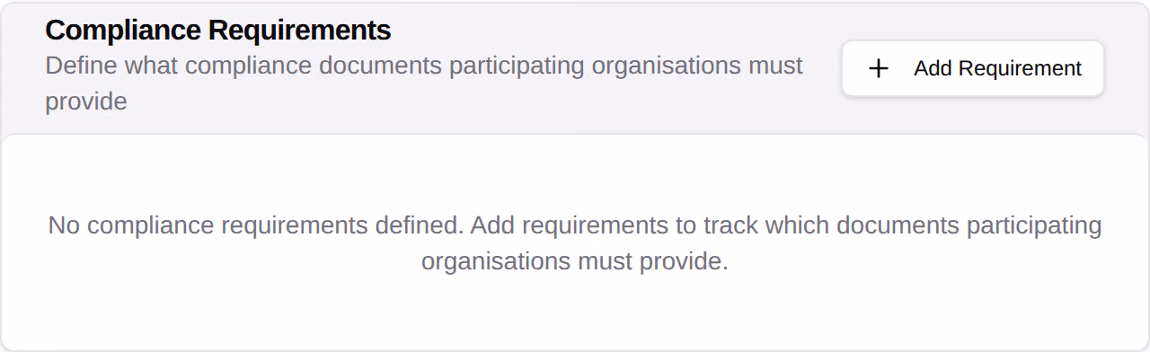 The Compliance Requirements card, with no requirements defined yet and an Add Requirement button.