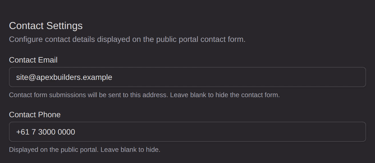 The Contact Settings tab of a project's Public Site settings, with the contact email the portal's contact form sends to and the contact phone it shows.