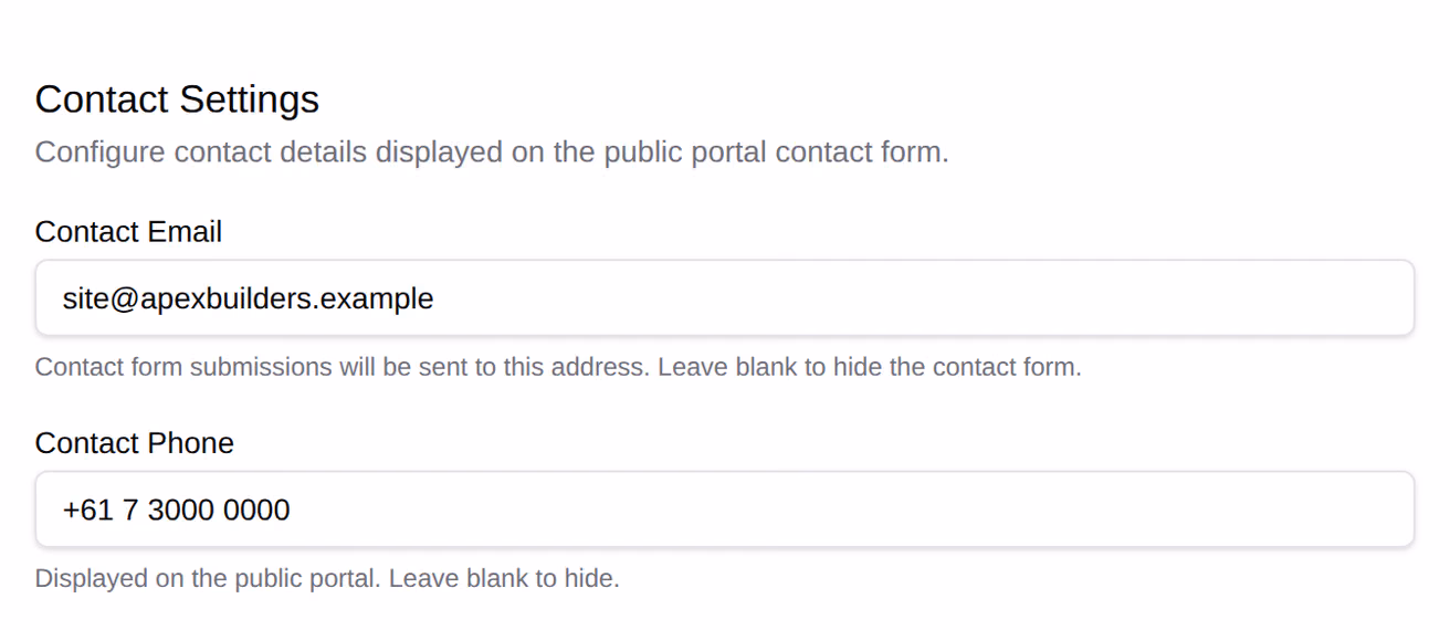 The Contact Settings tab of a project's Public Site settings, with the contact email the portal's contact form sends to and the contact phone it shows.