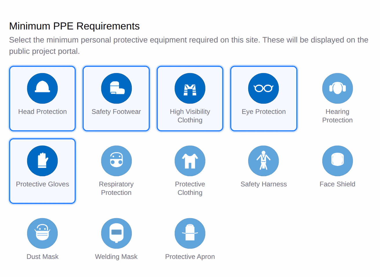 The Minimum PPE tab of a project's Public Site settings, a pictogram tile for each item of protective equipment the portal lists.