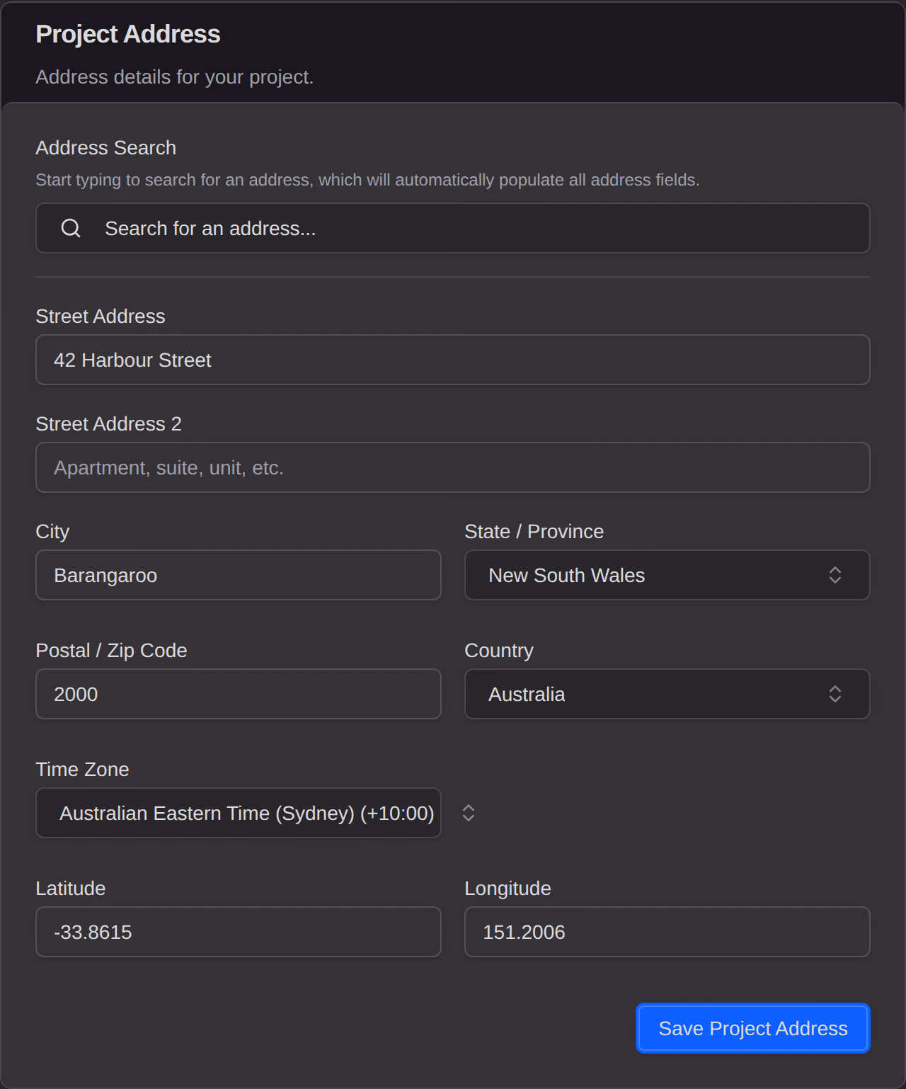 The Project Address card: an address search, then the site street, city, state, postcode and country, the time zone, and the latitude and longitude.