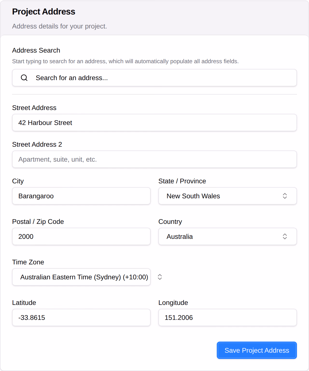 The Project Address card: an address search, then the site street, city, state, postcode and country, the time zone, and the latitude and longitude.