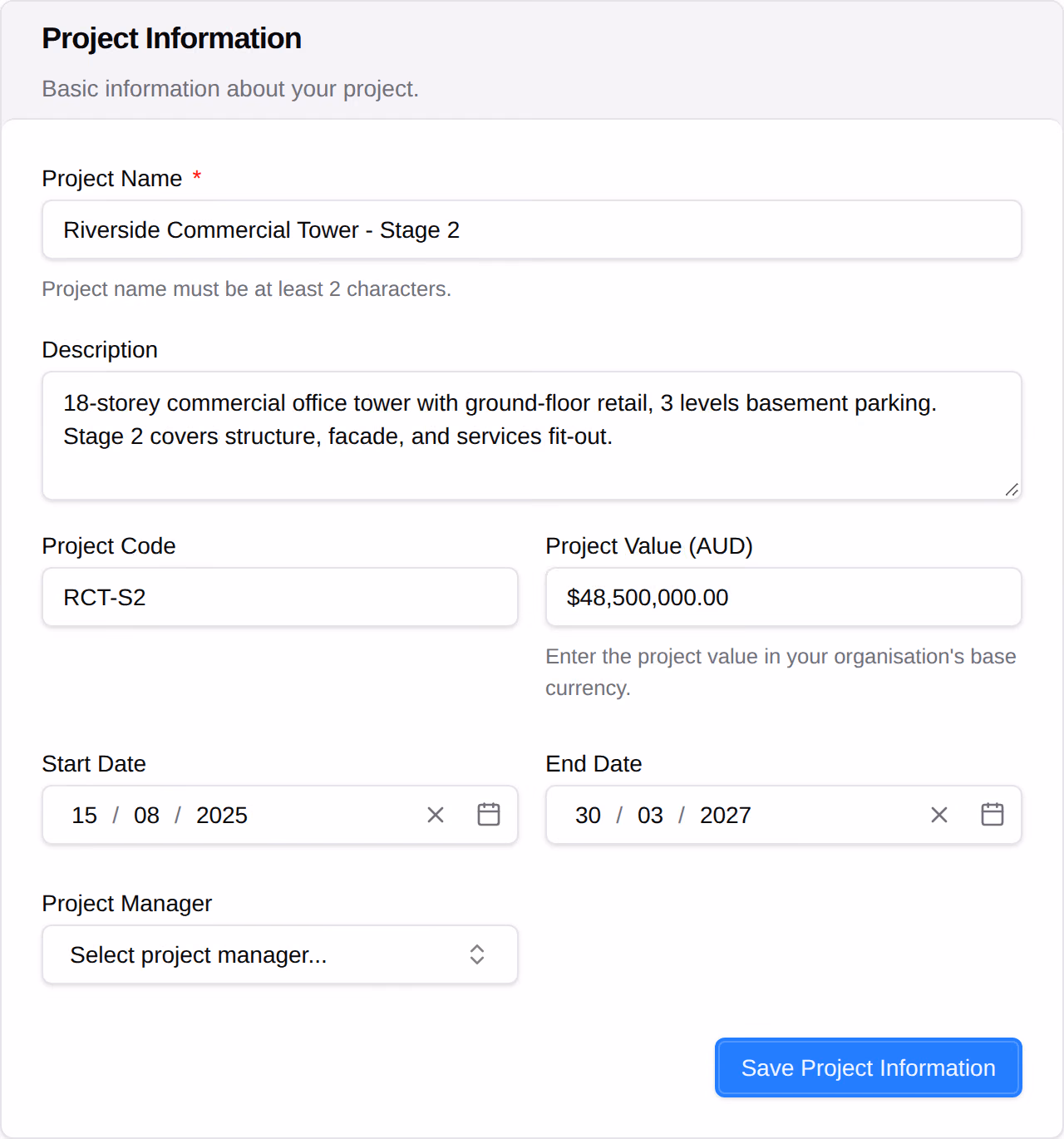 The Project Information card: project name, description, project code, project value, start and end dates, and the project manager.