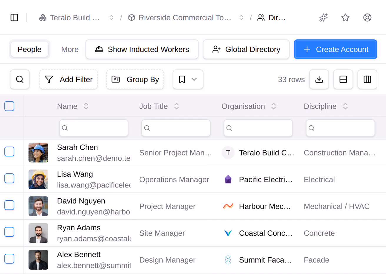 The People tab of a project's Directory, with Global Directory and Create Account above the list of people.