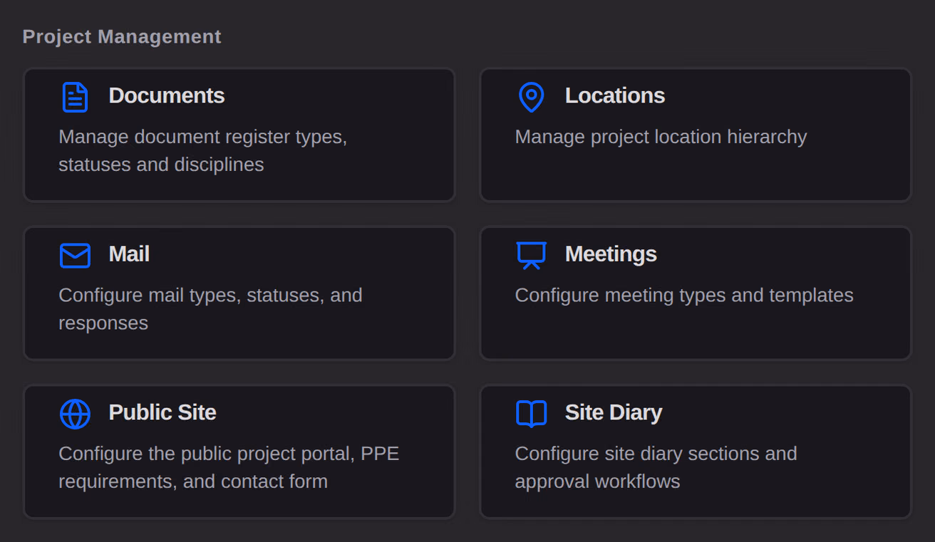 The Project Management group of the project Tool Settings, a card per tool naming what its settings cover.