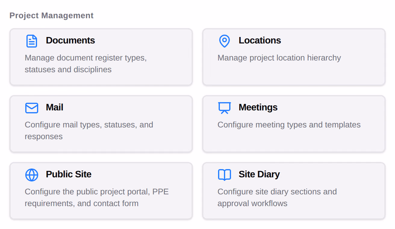 The Project Management group of the project Tool Settings, a card per tool naming what its settings cover.