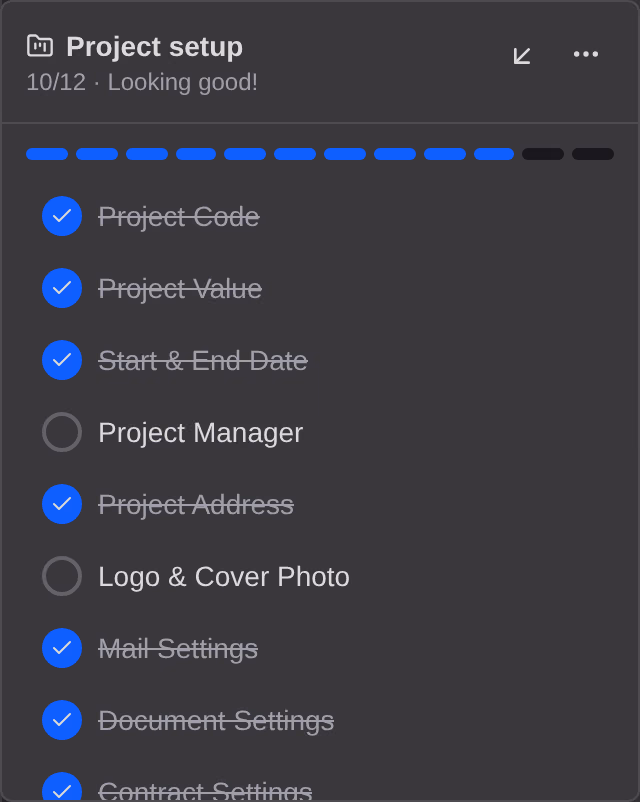 The Project setup checklist open beside the sidebar, with a segmented progress bar above its items and the finished ones ticked and struck through.