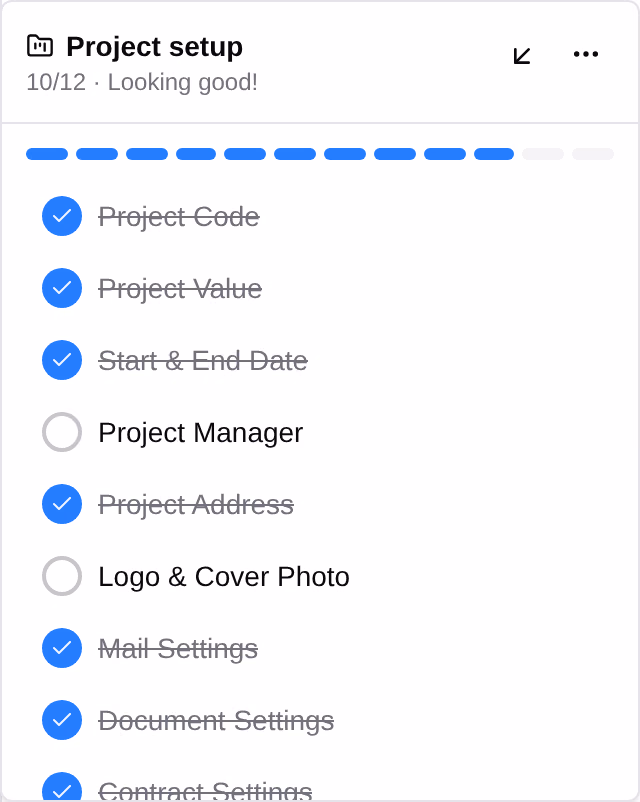 The Project setup checklist open beside the sidebar, with a segmented progress bar above its items and the finished ones ticked and struck through.