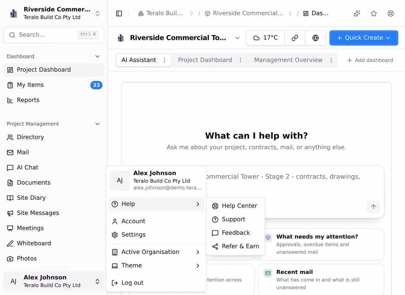 The user menu at the foot of the app sidebar, open on its Help submenu with Support and Feedback in it.
