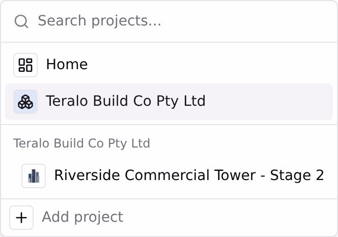 The sidebar switcher open, listing Home, the organisation and the project underneath it.