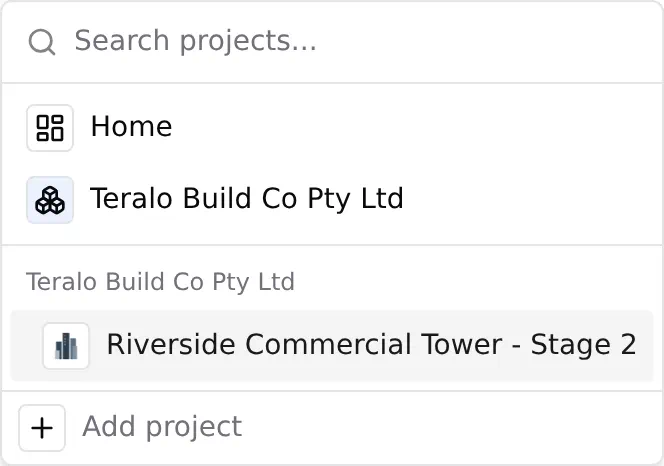 The sidebar switcher open, listing Home, the organisation and the project underneath it.