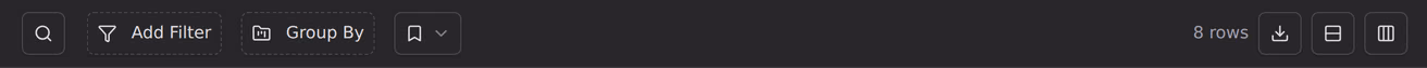 A register filter bar, with add filter and group by controls on the left and a row count, export and layout controls on the right.