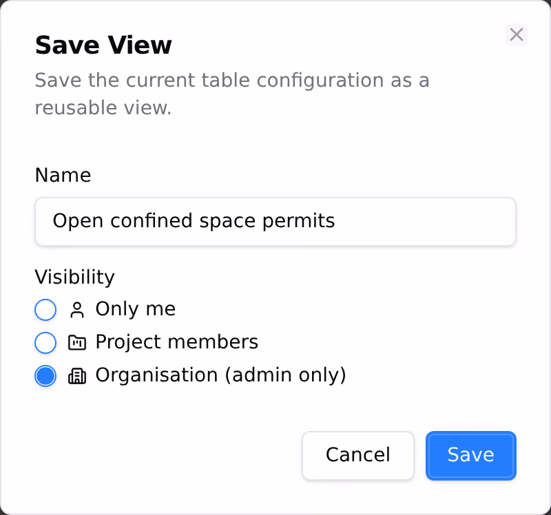 The save view dialog, with a name typed and the choice of who the view is for: only me, project members or the organisation.