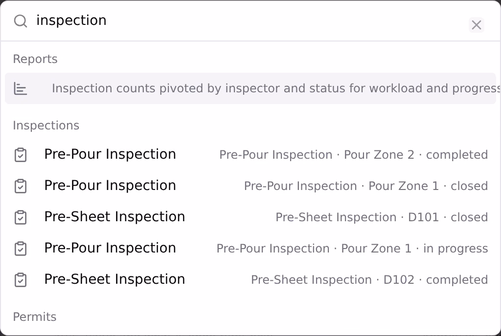 The command palette open with "inspection" typed, results grouped under Reports, Inspections, Permits, Method Statements and Tools.