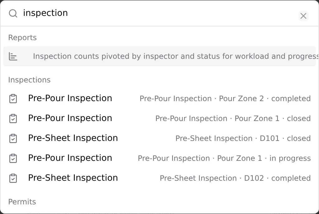 The command palette open with "inspection" typed, results grouped under Reports, Inspections, Permits, Method Statements and Tools.