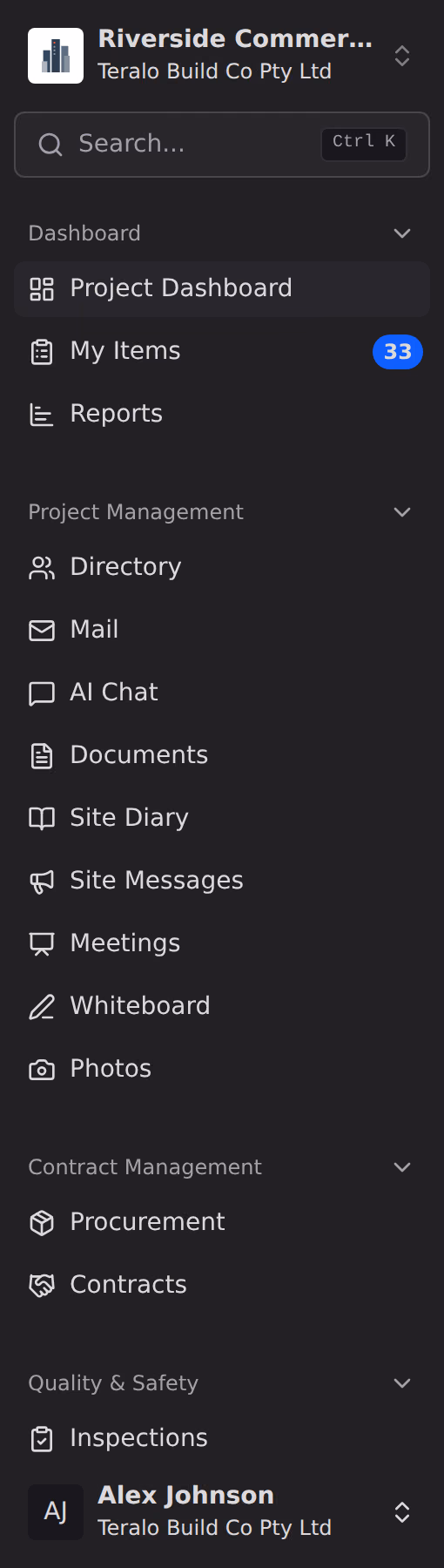 The project sidebar, with the organisation and project switcher at the top, a search box below it, and the tool groups underneath with My Items carrying a count.