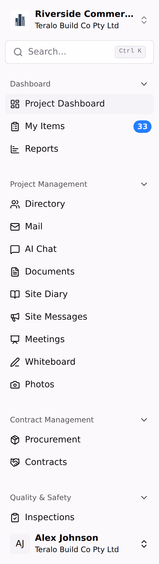 The project sidebar, with the organisation and project switcher at the top, a search box below it, and the tool groups underneath with My Items carrying a count.