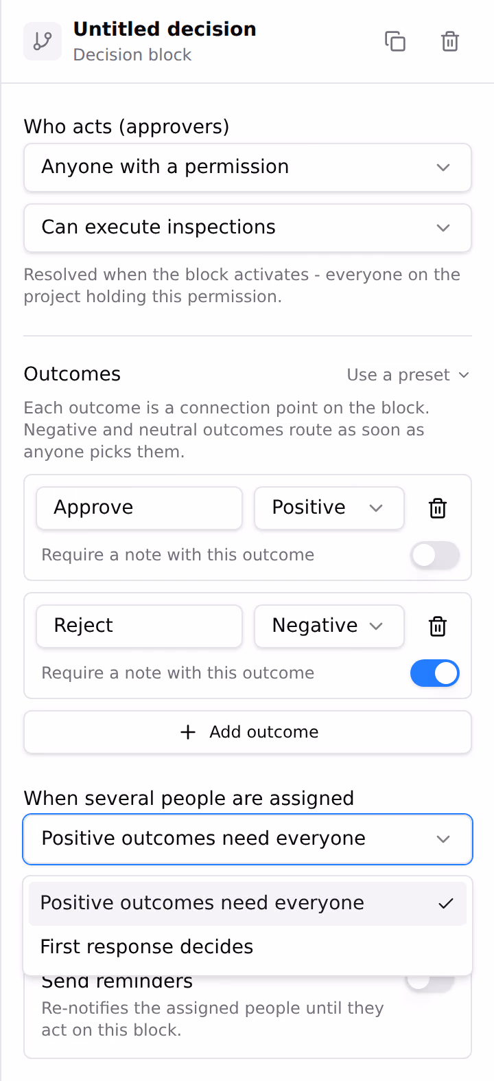 A decision block settings panel, with the choice between specific people, anyone with a permission, or whoever a field on the record points at, and the response rule choosing between positive outcomes needing everyone or the first response deciding.