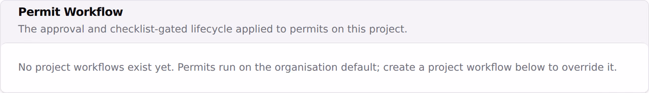 A tool workflow binding card reading that no project workflow exists yet, so permits run on the organisation default.