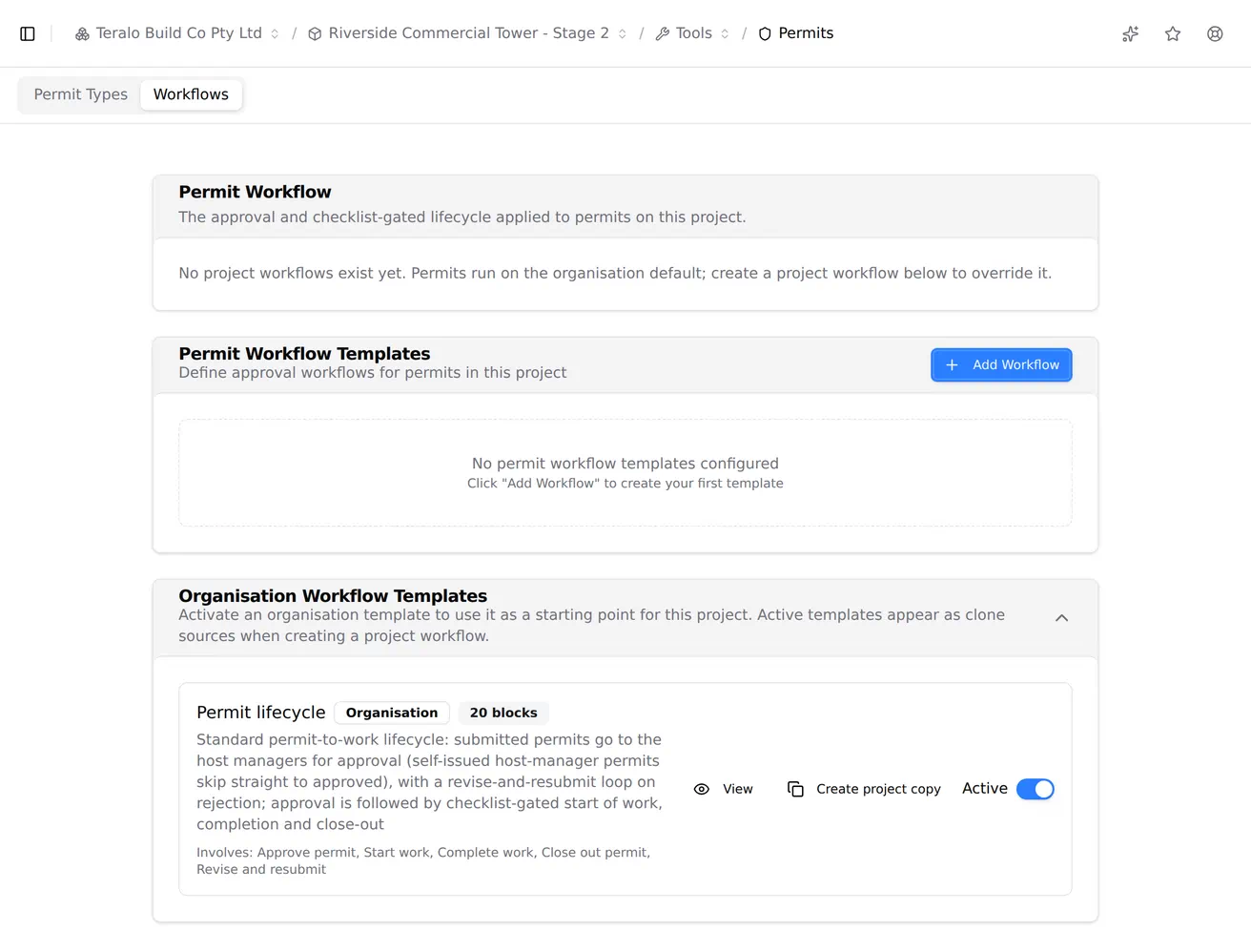 An organisation workflow template opened read-only from a project Workflows tab, with its graph shown on the canvas and no save controls.